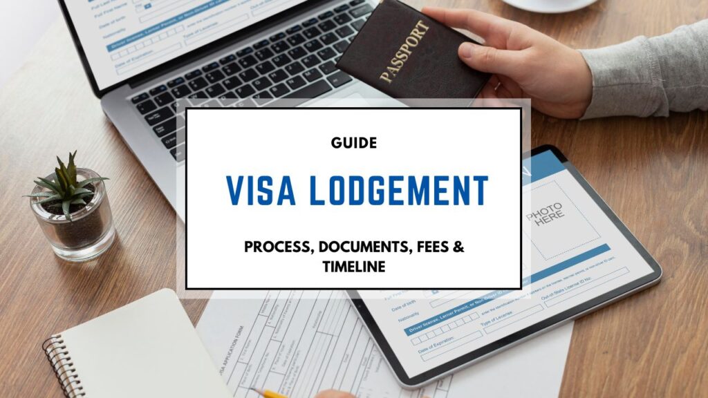 hand with passport above a laptop along with a banner called visa lodgement
