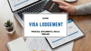 hand with passport above a laptop along with a banner called visa lodgement